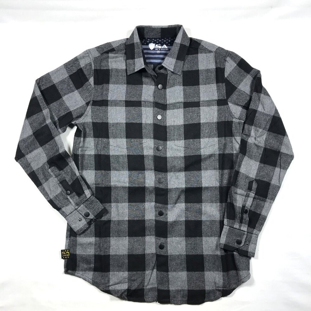 SA Soul of Adventure Gray/Black Buffalo Check Plaid Flannel Snap Button Shirt M